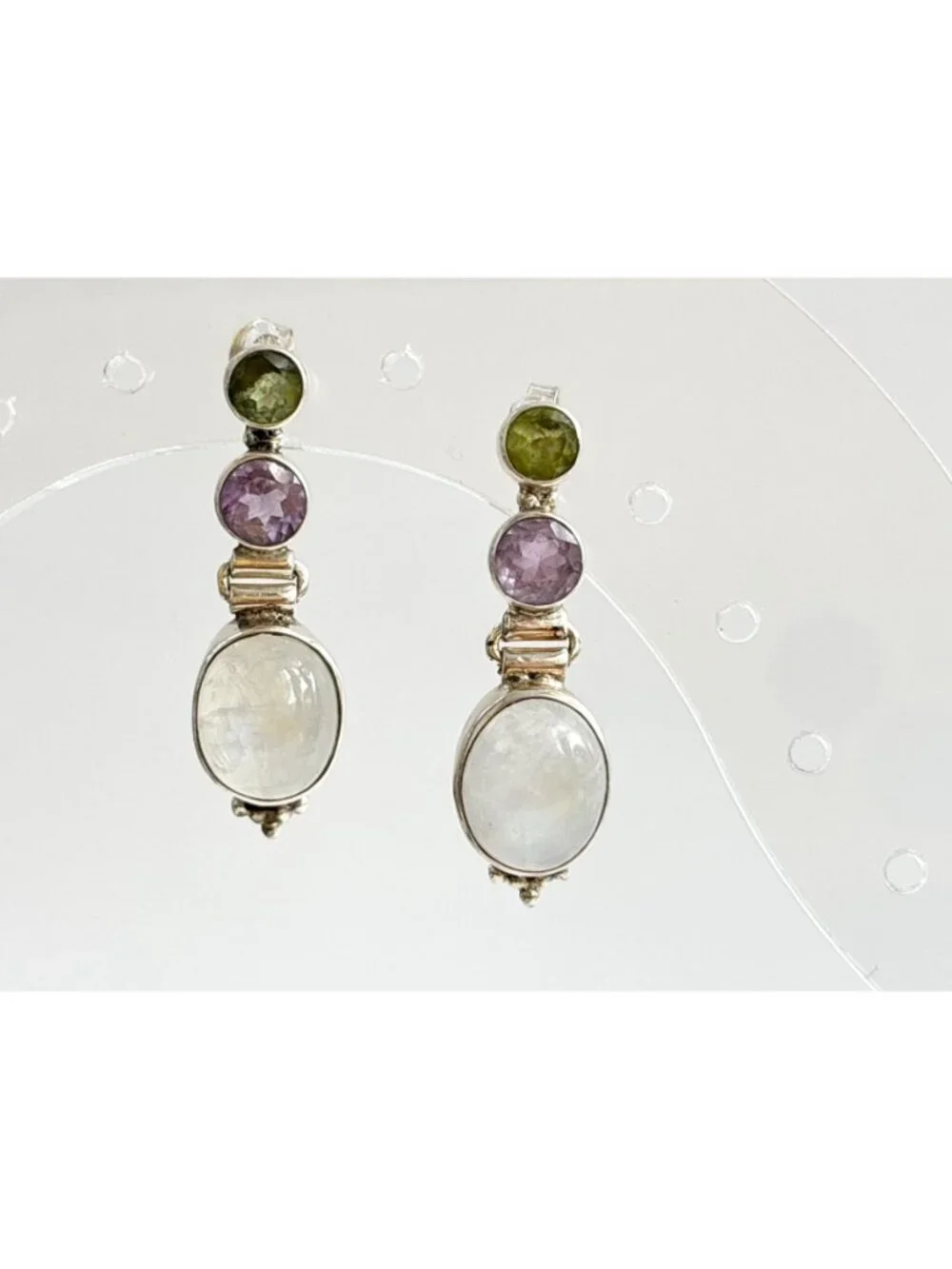Moonstone, Amethyst & Peridot Vintage Sterling Silver 925 Dangle Drop Earrings